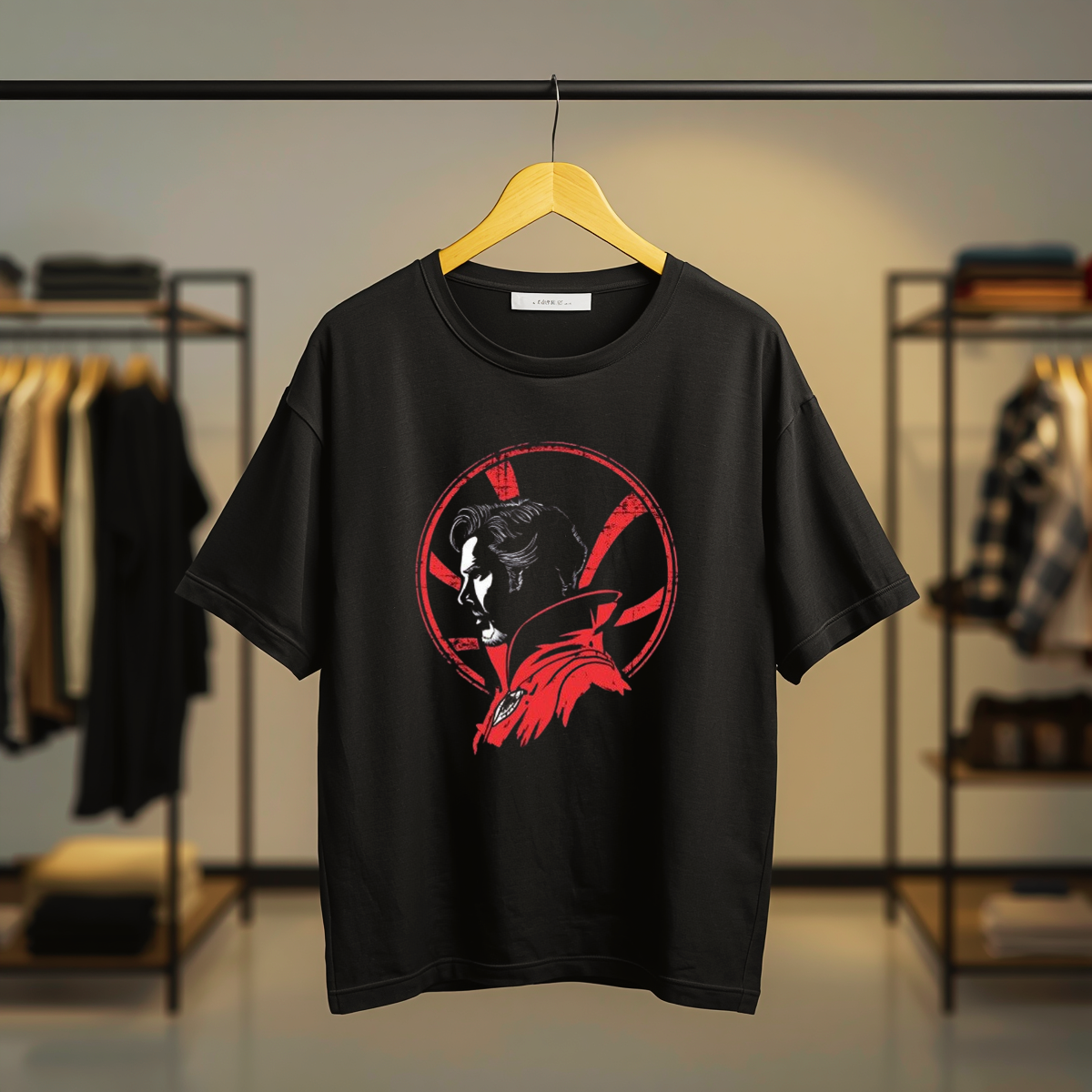 Black T-shirt featuring Doctor Strange comic artwork and bold Doctor Strange typography on the front.
