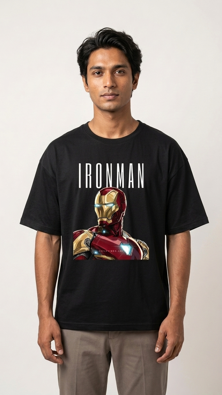 Black T-shirt featuring Iron Man artwork with IRONMAN typography on the front print.