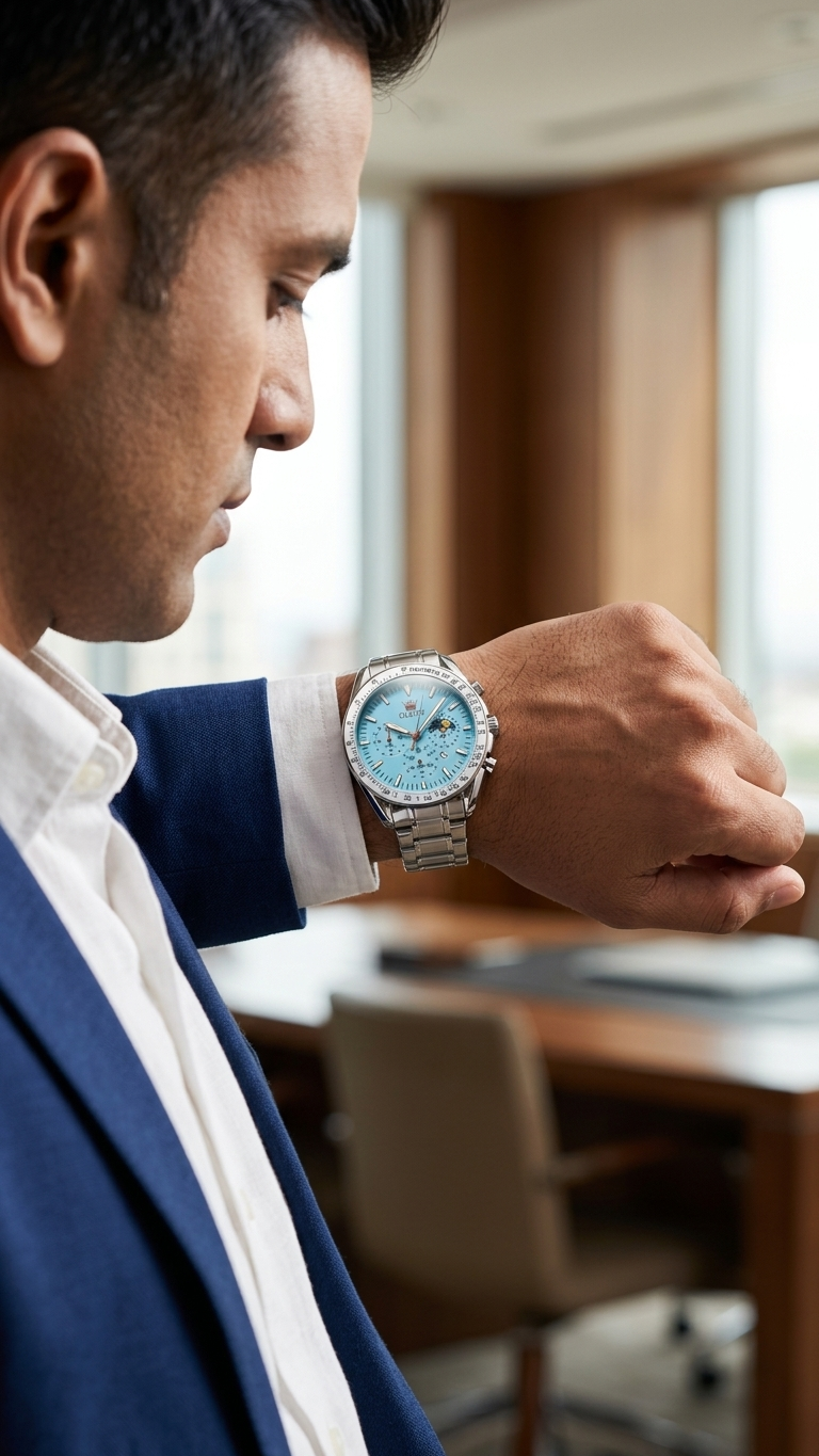 OLEVS MT-12203 Prestige Series - Modern Stainless Steel Men's Watch_Sky Blue