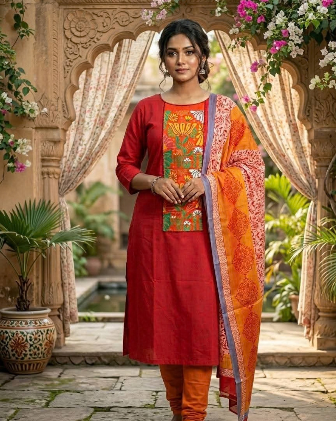 Premium Ruby Heritage Floral Three-Piece