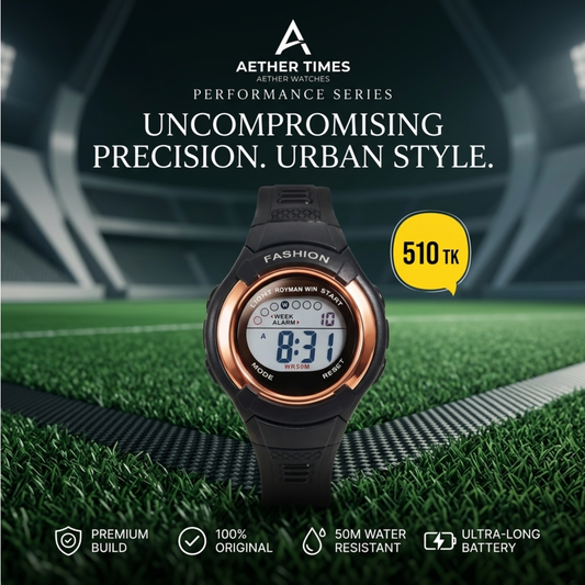 Royman Win men's black digital sports watch with rose gold bezel