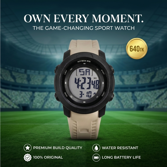Royman Win Men's Digital Sports Watch – Black Round Dial with Beige Strap