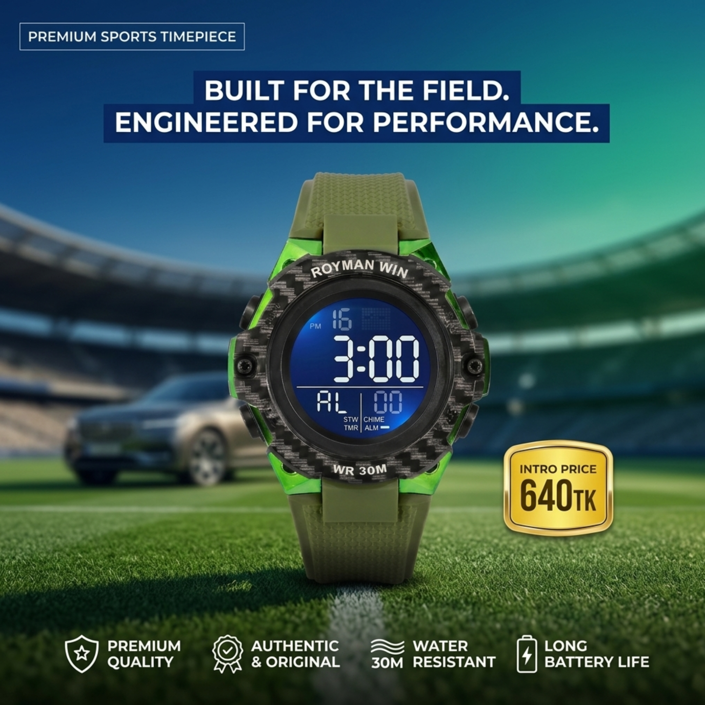 Royman Win men's digital sports watch with green strap and black round dial