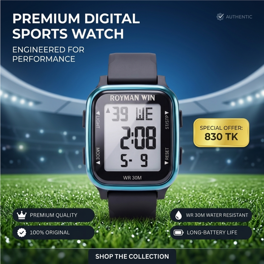 Royman Win men's blue case digital watch with black strap