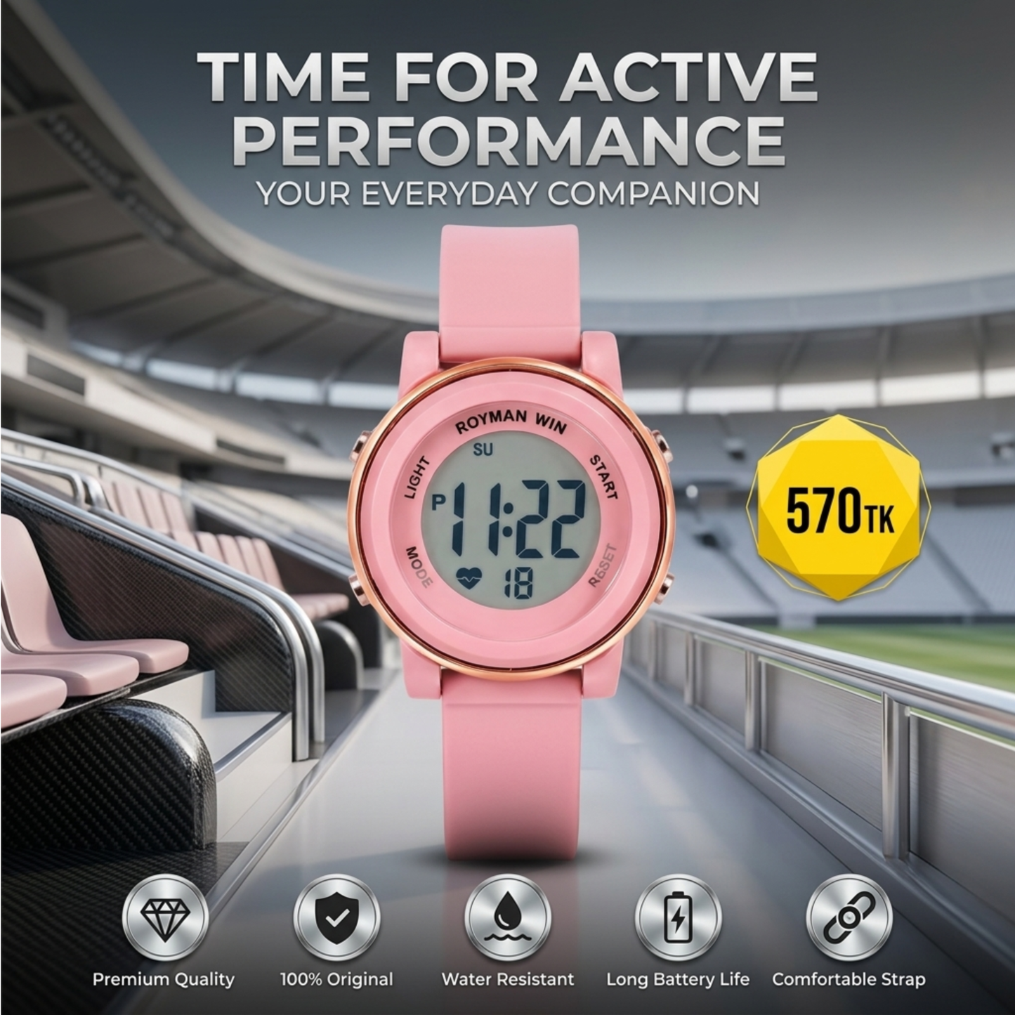 Royman Win Women's Digital Watch – Pink Round Dial Design