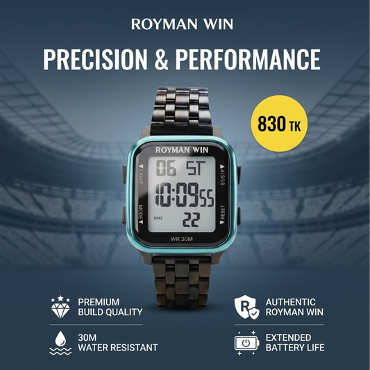 Royman Win men's square digital stainless steel wrist watch with black metal strap and blue bezel