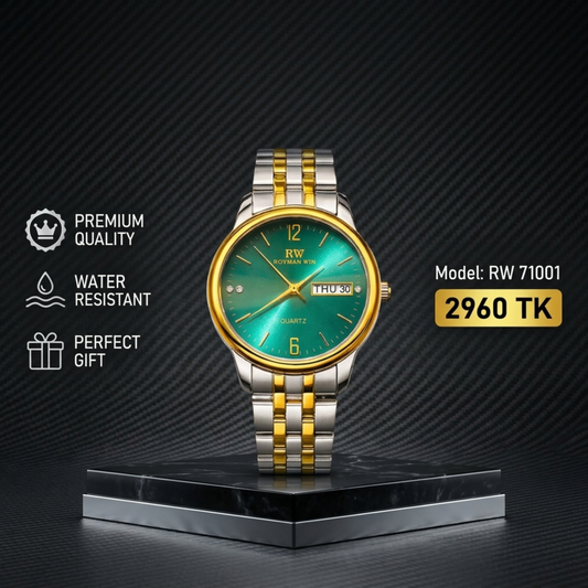 Royman Win RW 71001 analog quartz wristwatch with green dial, gold-tone round case, and silver gold metal bracelet.