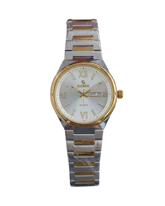 Sober Circular Series Quartz Analog Golden White Watch with Calendar