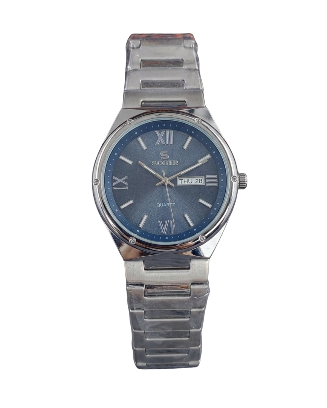 Sober Circular Series Quartz Analog Silver Blue Watch with Calendar