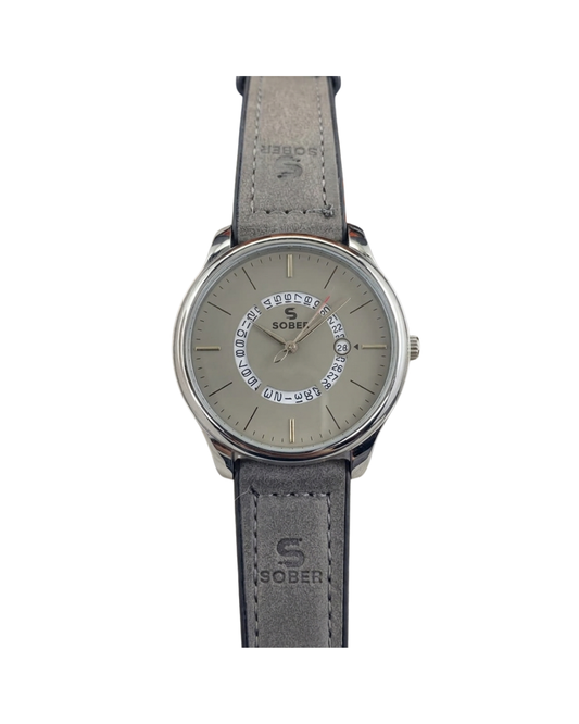 Sober Men's Leather Strap Warm Gray Watch with Date Display