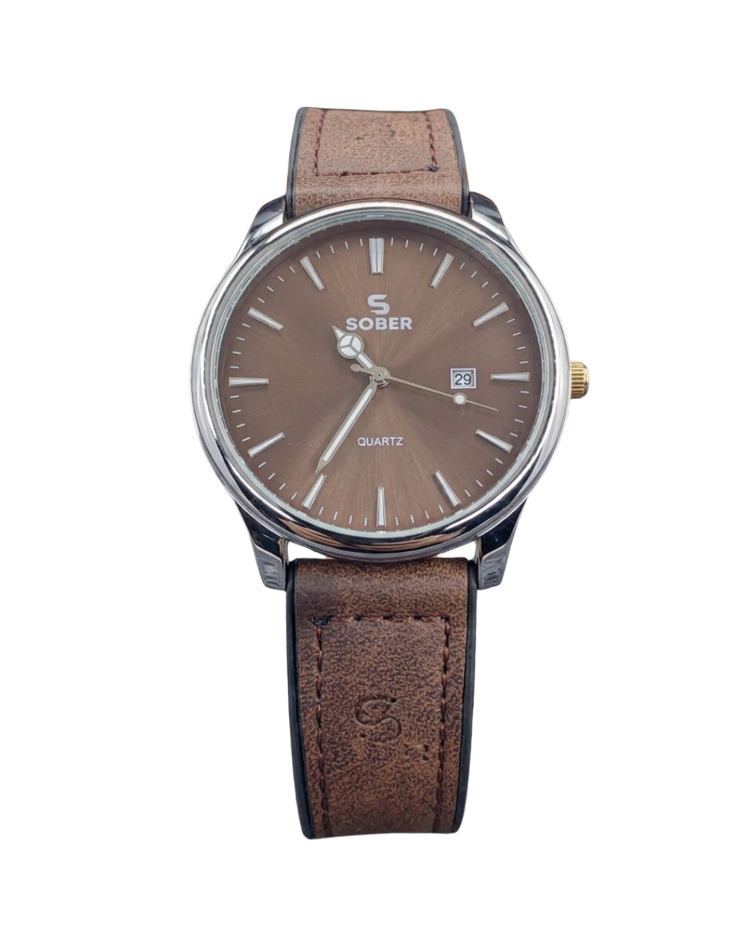 Sober Men's Modernist Leather Strap Coffee Watch with Date