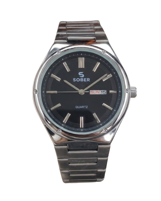 Sober Men's Silver Black Stainless Steel Day Date Analog Watch