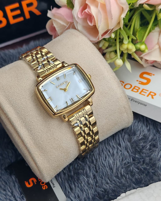 Sober Women's Rectangular Premium Golden White Chain Watch