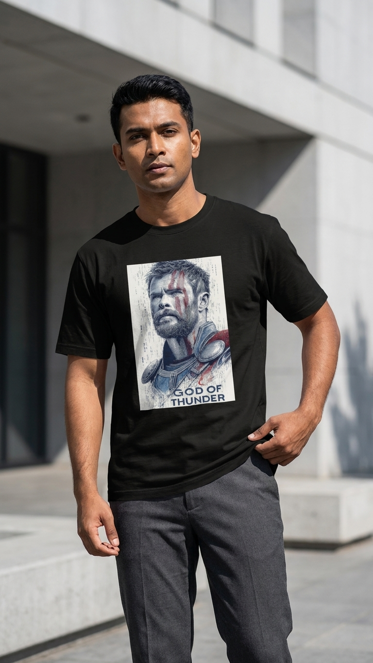 Black T-shirt featuring vintage Marvel Thor comic artwork with a large front-center graphic print.