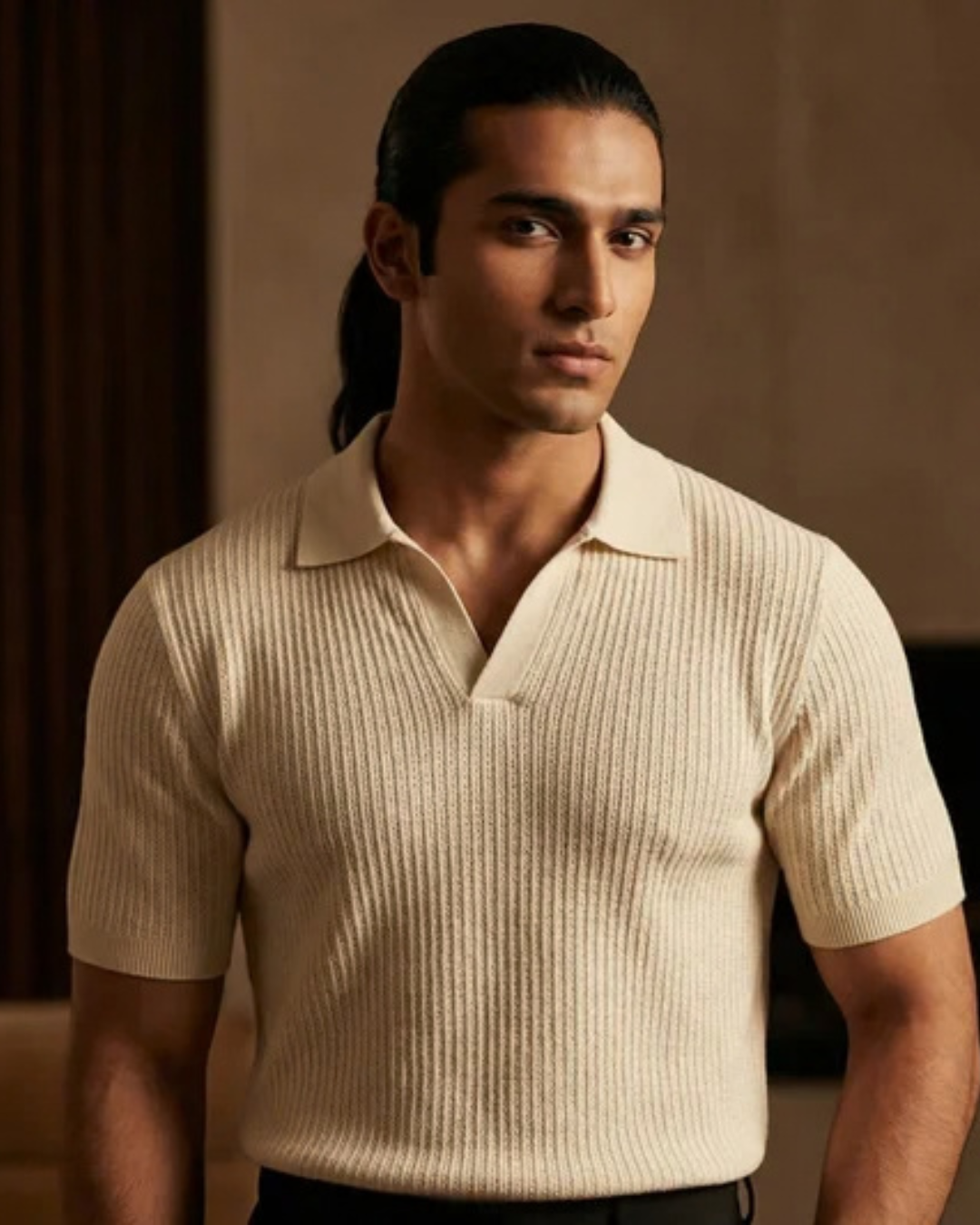 White V Neck Knitted Polo Tshirt