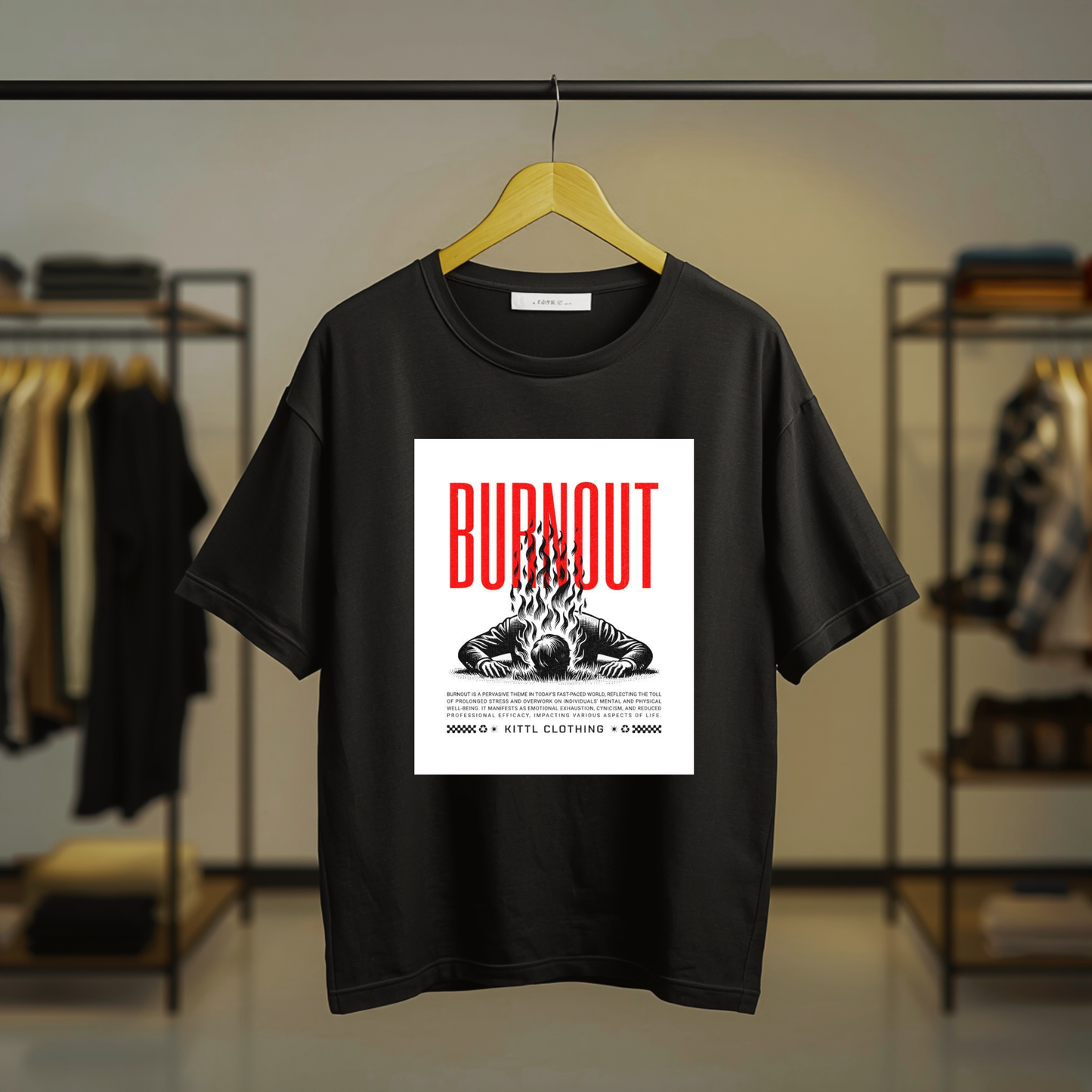 Black Burnout graphic T-shirt featuring bold red typography and monochrome flame artwork on the front