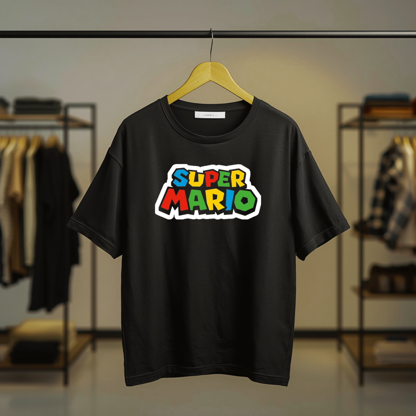Super Mario Japanese-inspired vintage graphic on a black T-shirt