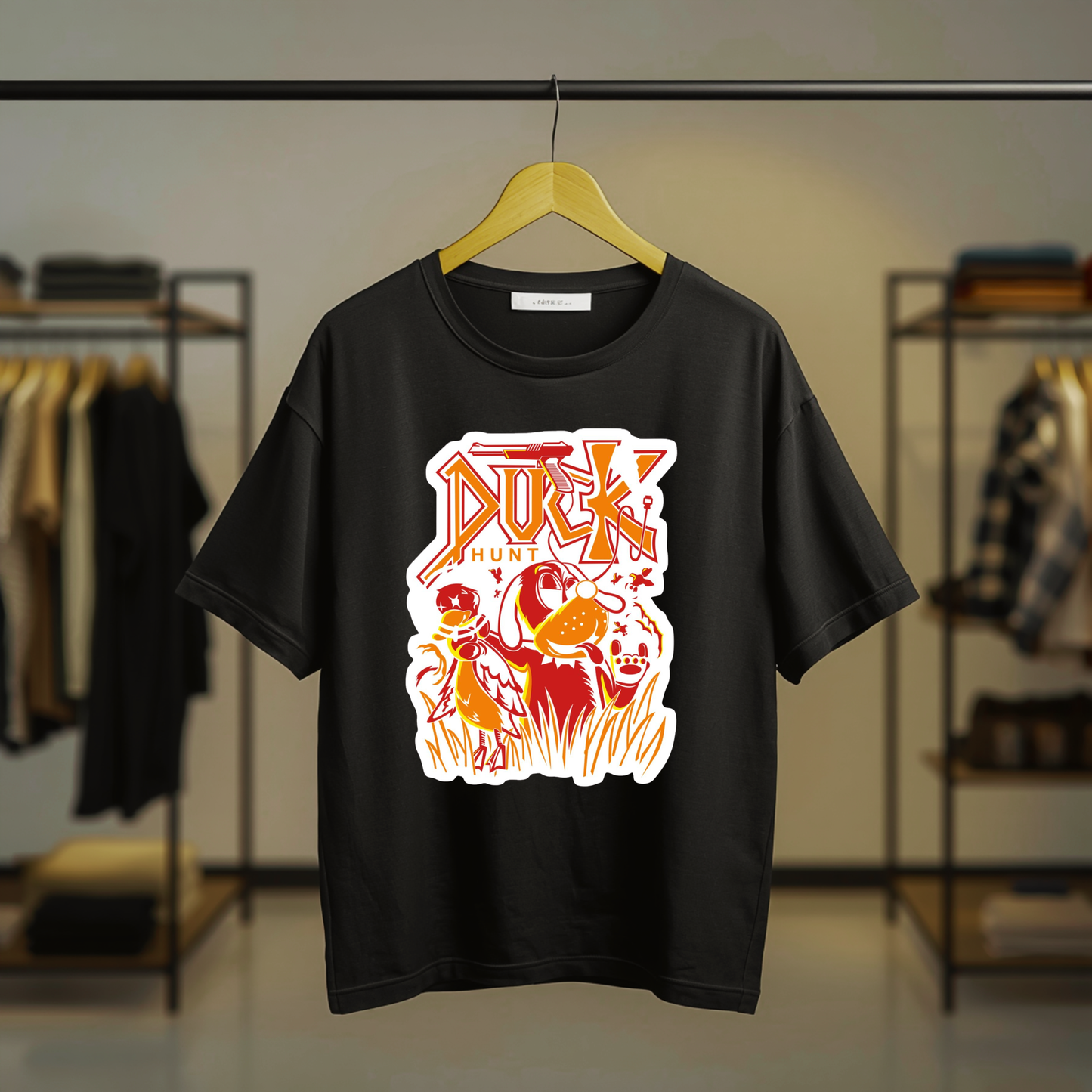 Duck Hunt retro gaming graphic printed on the front of a black T-shirt