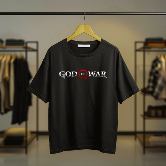 Black T-shirt featuring the God of War logo with the iconic red Omega symbol as a centered front print.