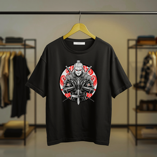 Black T-shirt featuring The Witcher inspired graphic artwork with front print design.