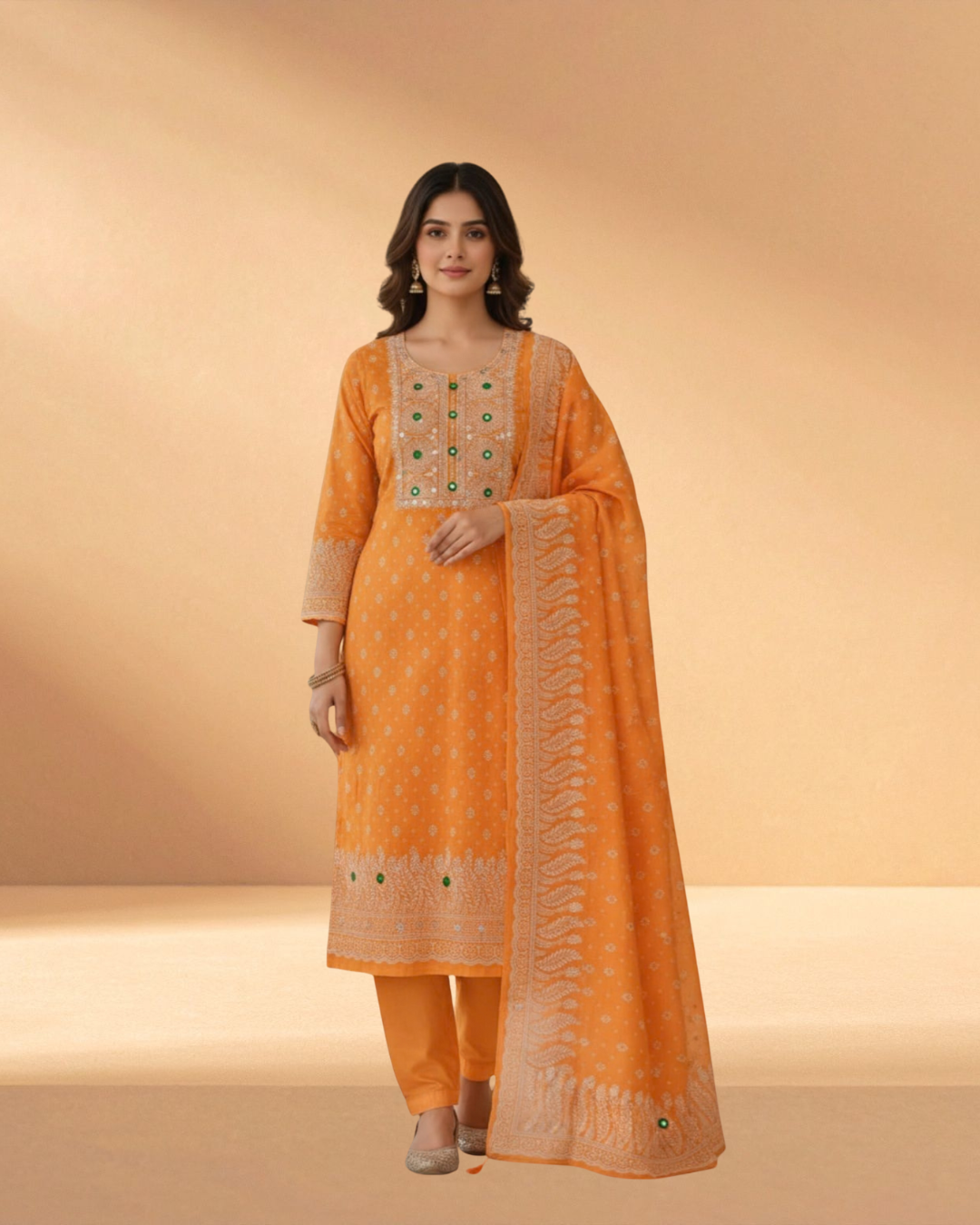 Delhi Boutiques Spiced Amber Luxury Embroidered Chiffon 3-Piece