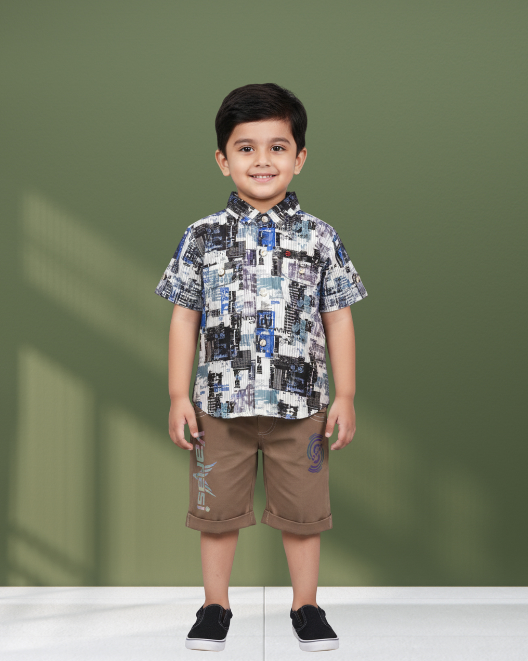 Little Urbanite Midnight Newsprint Shirt & Shorts Set