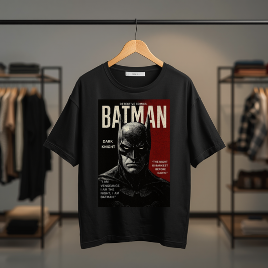 Batman Dark Knight Graphic Black T-Shirt featuring a vintage-style front print inspired by Detective Comics.