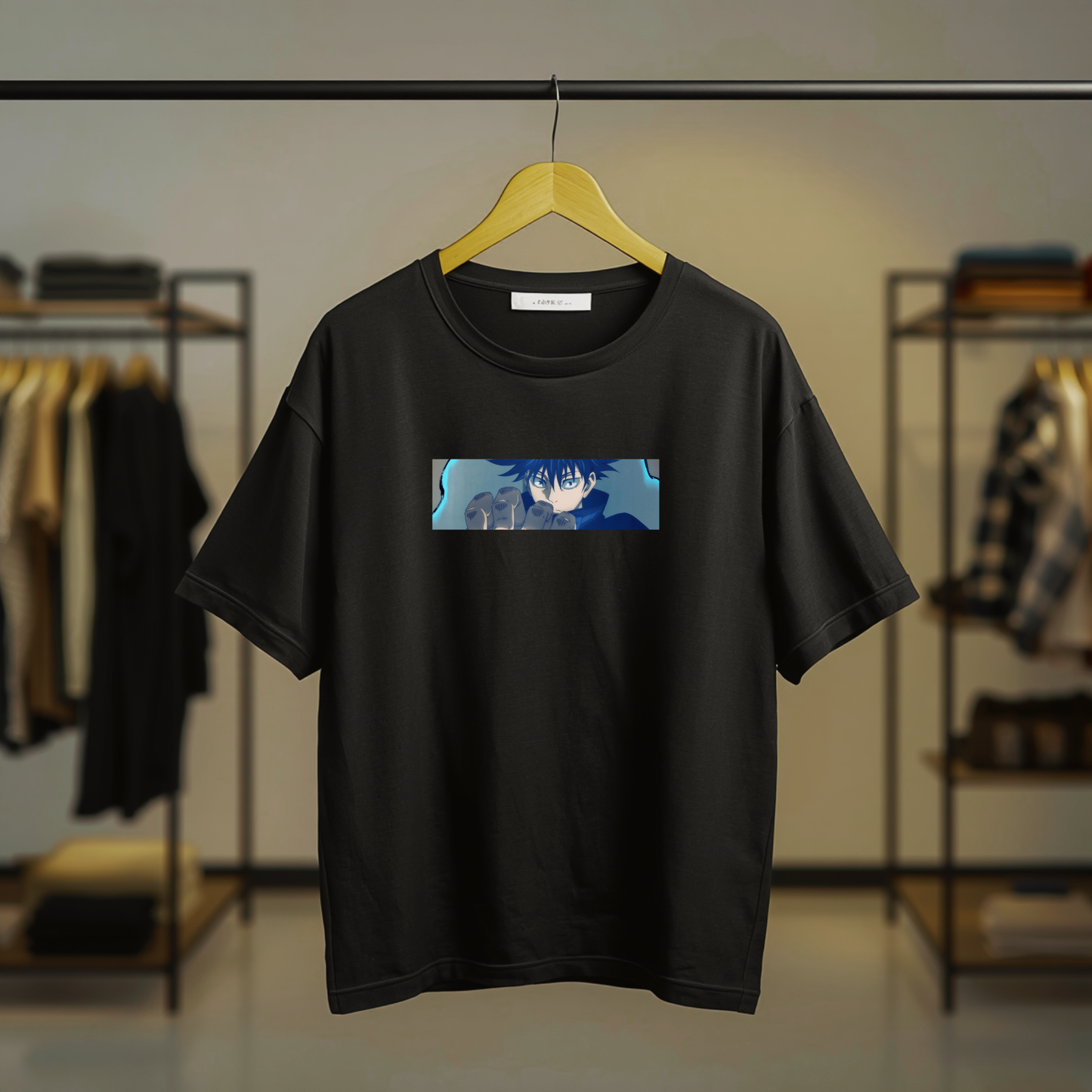 Black Jujutsu Kaisen Megumi Fushiguro graphic T-shirt with anime artwork on the front and back.