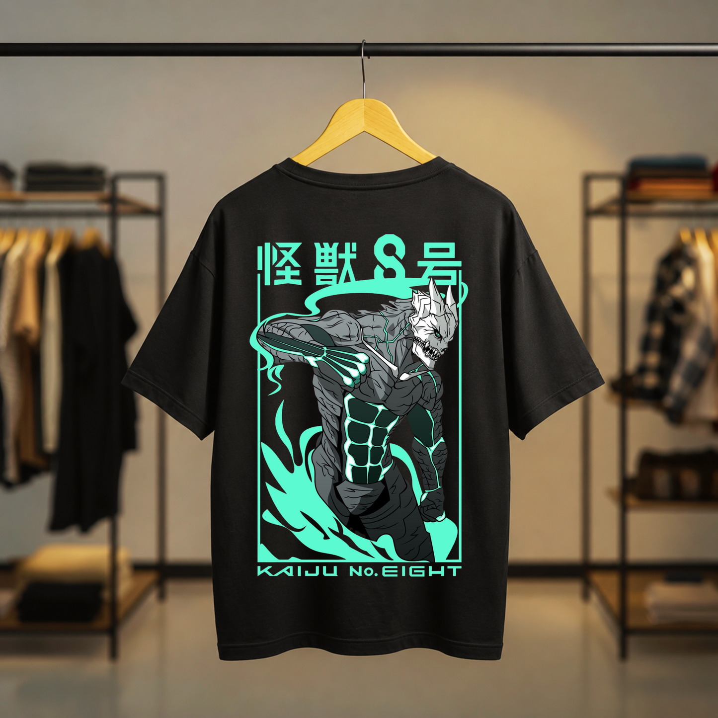 Black Kaiju No. 8 T-shirt featuring a small front character graphic and large back Kaiju No. 8 artwork with turquoise Japanese-inspired typography.