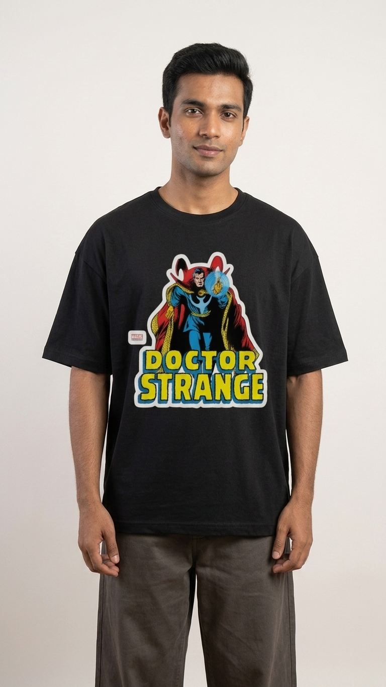 Black T-shirt featuring Doctor Strange comic artwork and bold Doctor Strange typography on the front.