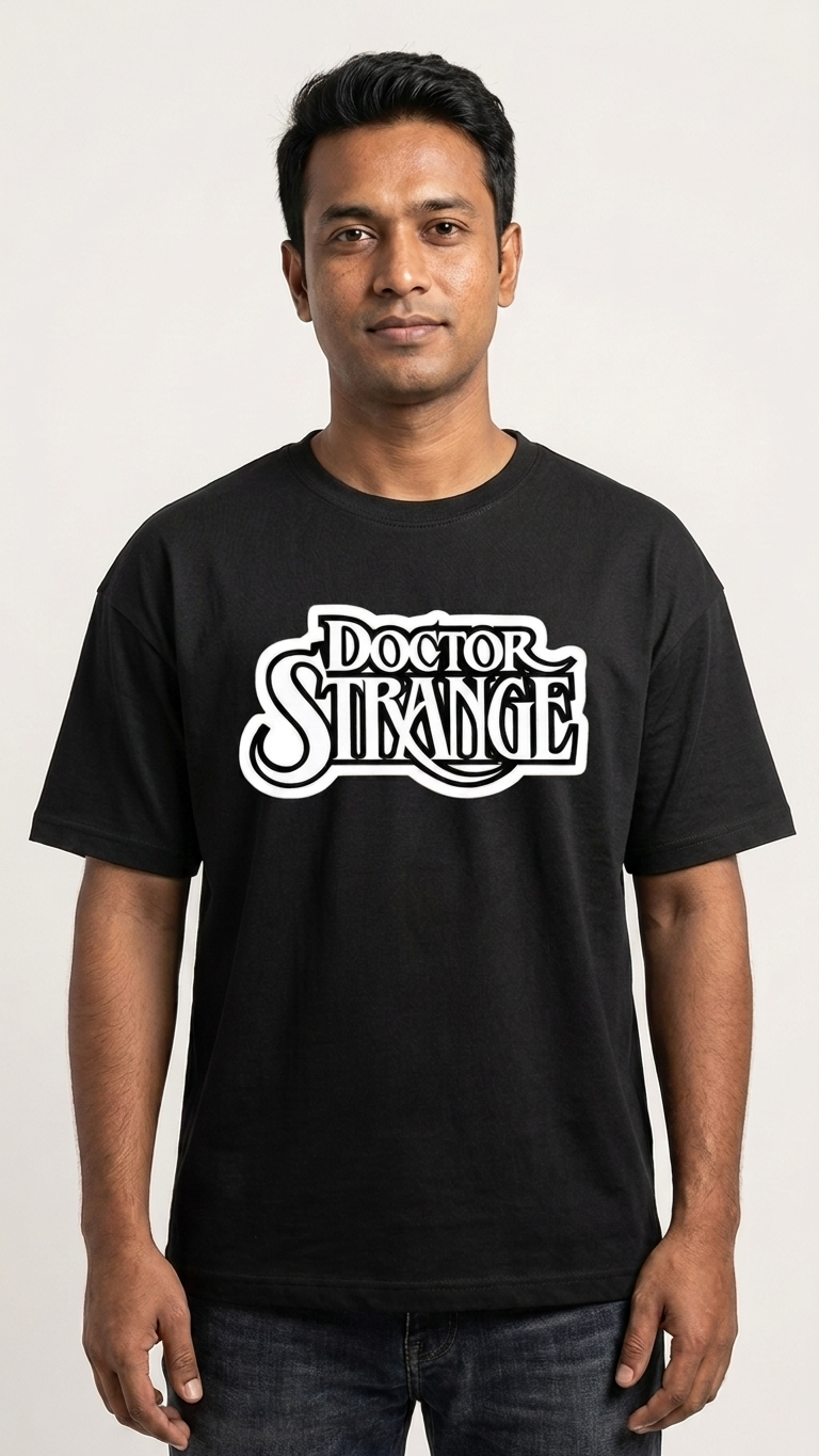 Black T-shirt featuring Doctor Strange comic artwork and bold Doctor Strange typography on the front.