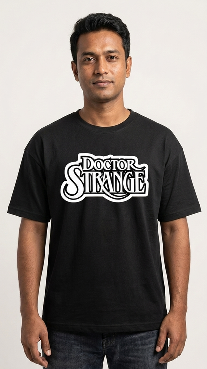 Black T-shirt featuring Doctor Strange comic artwork and bold Doctor Strange typography on the front.
