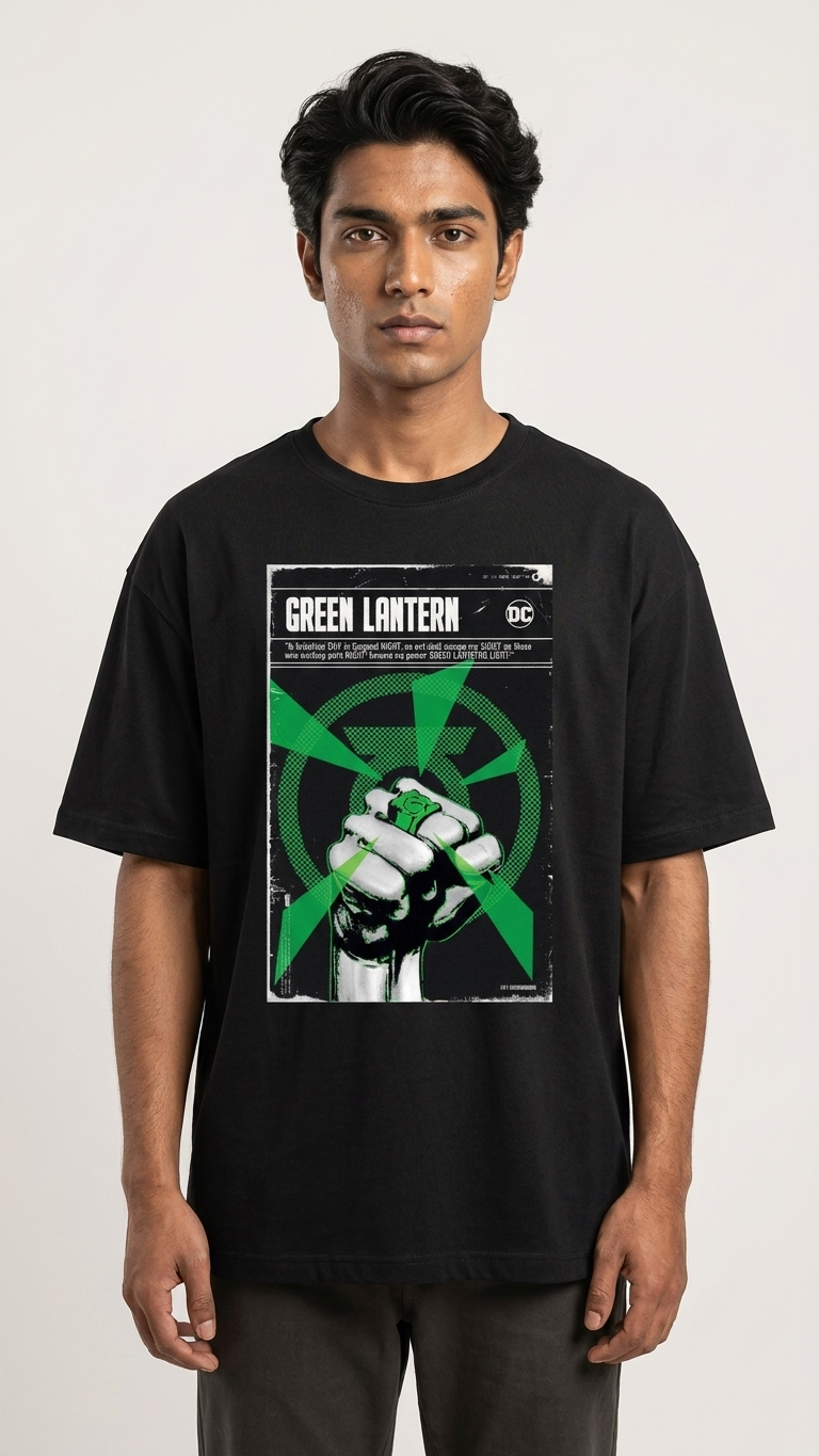 Black Green Lantern T-shirt featuring a large green emblem and Green Lantern typography graphic on the center front.