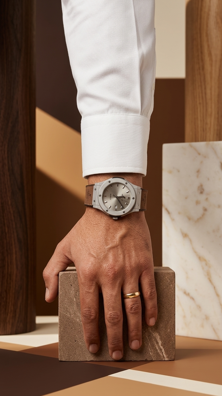 Hublot Style Men’s Watch - Classic Fusion Design with Leather Strap_silver cream