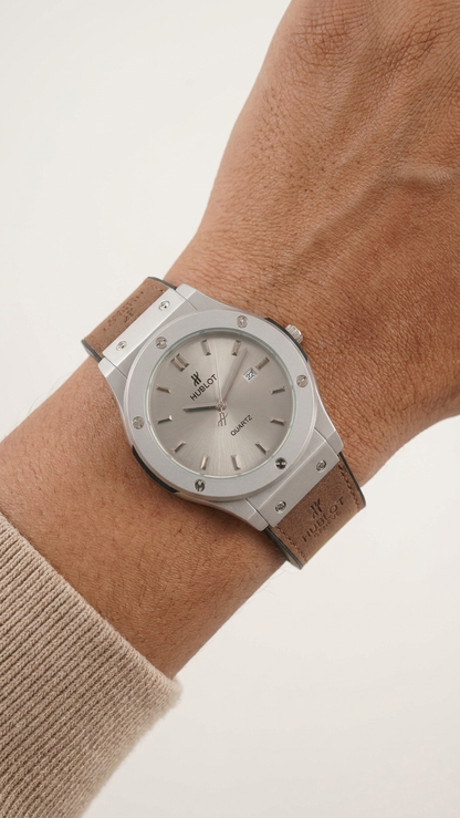 Hublot Style Men’s Watch - Classic Fusion Design with Leather Strap_silver cream
