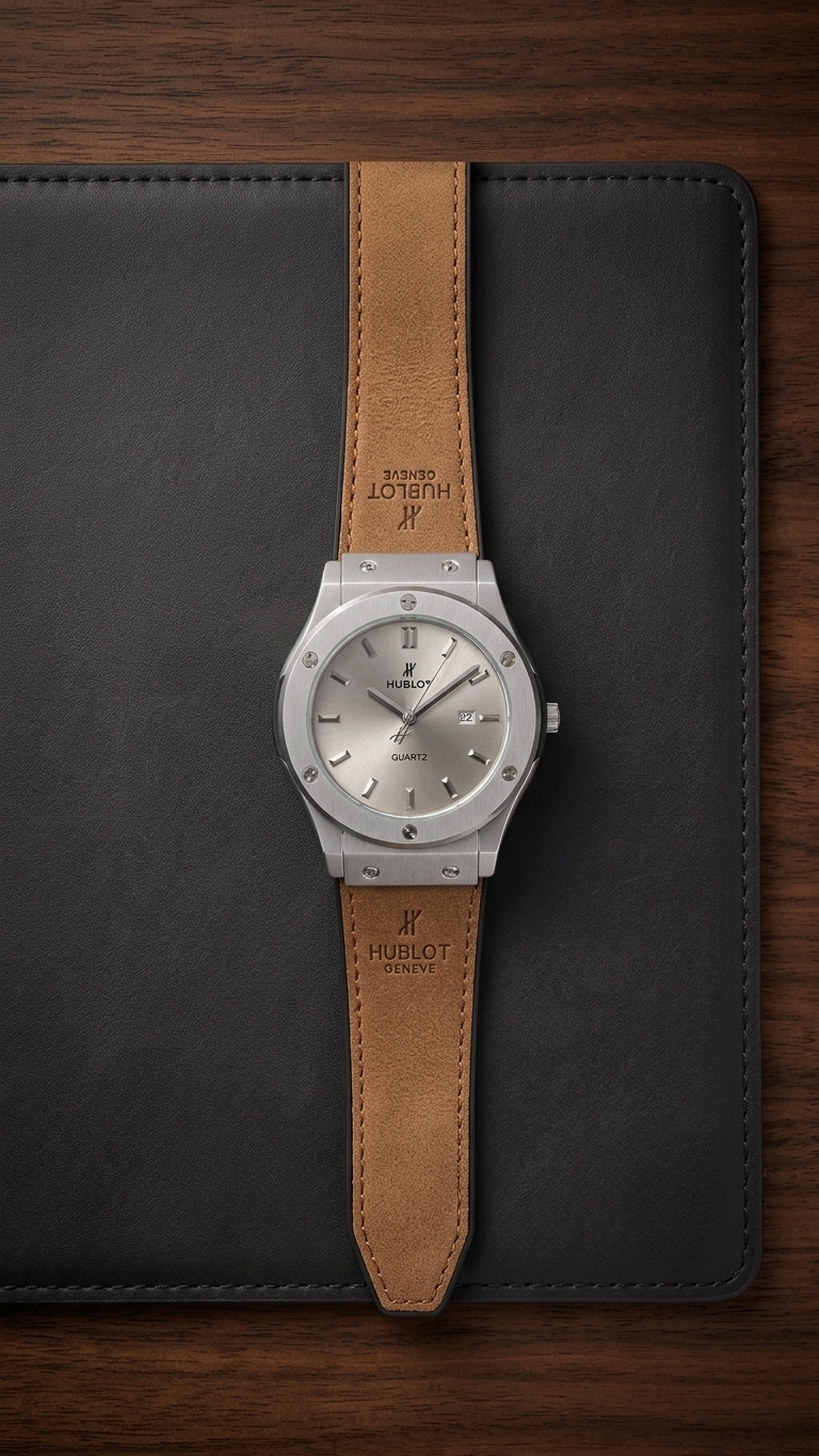 Hublot Style Men’s Watch - Classic Fusion Design with Leather Strap_silver cream