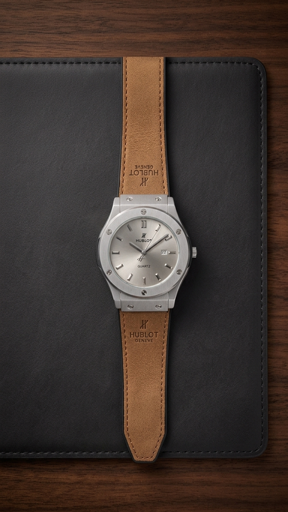 Hublot Style Men’s Watch - Classic Fusion Design with Leather Strap_silver cream