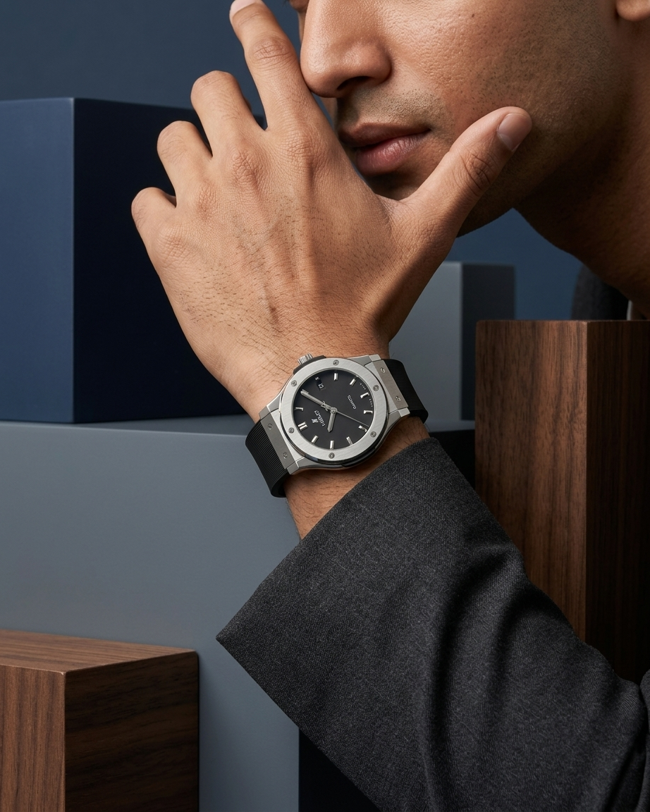 Hublot Style Men’s Watch - Classic Fusion Design with Leather Strap_Silver Black