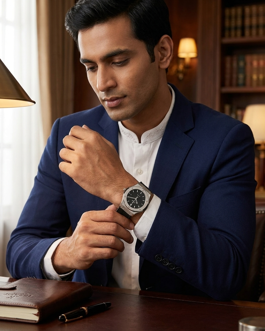 Hublot Style Men’s Watch - Classic Fusion Design with Leather Strap_Silver Black