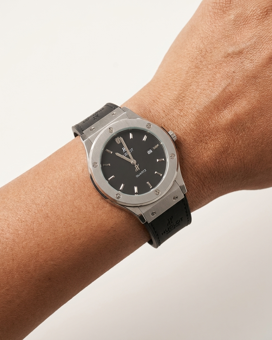 Hublot Style Men’s Watch - Classic Fusion Design with Leather Strap_Silver Black