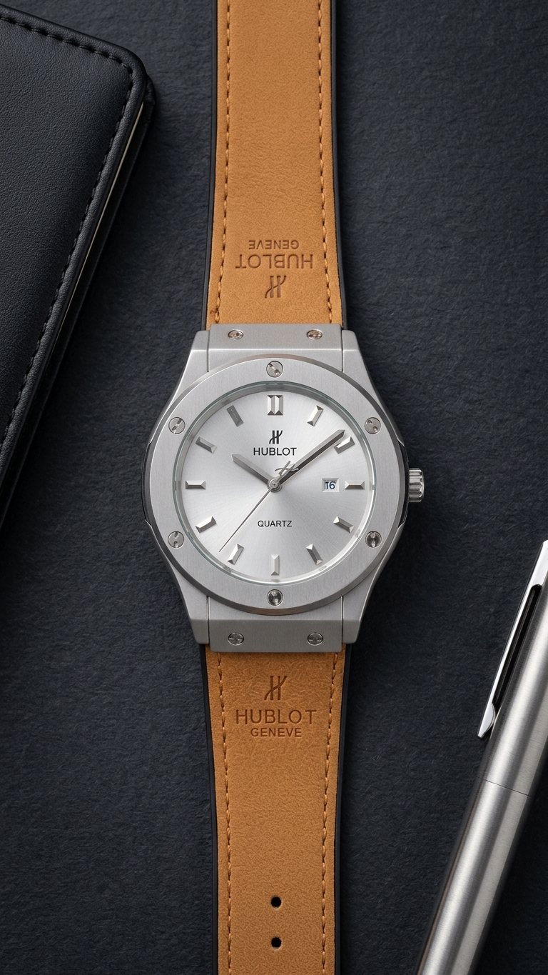 Hublot Style Men’s Watch - Classic Fusion Design with Leather Strap_silver brown