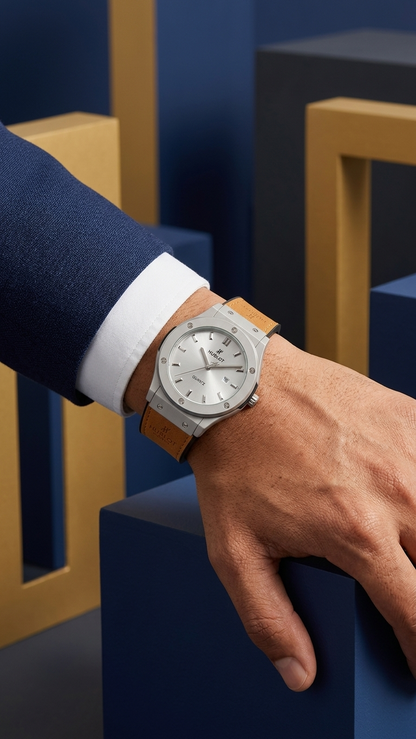 Hublot Style Men’s Watch - Classic Fusion Design with Leather Strap_silver brown