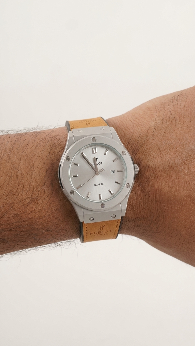 Hublot Style Men’s Watch - Classic Fusion Design with Leather Strap_silver brown