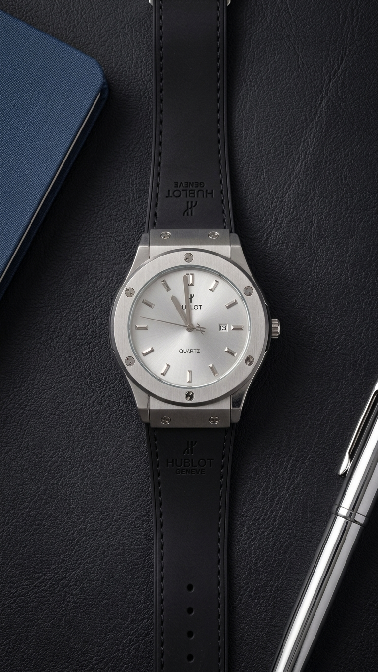 Hublot Style Men’s Watch - Classic Fusion Design with Leather Strap_silver gray