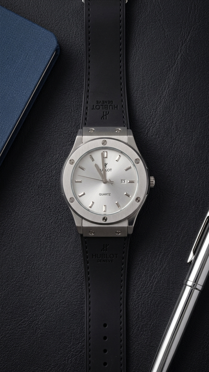 Hublot Style Men’s Watch - Classic Fusion Design with Leather Strap_silver gray