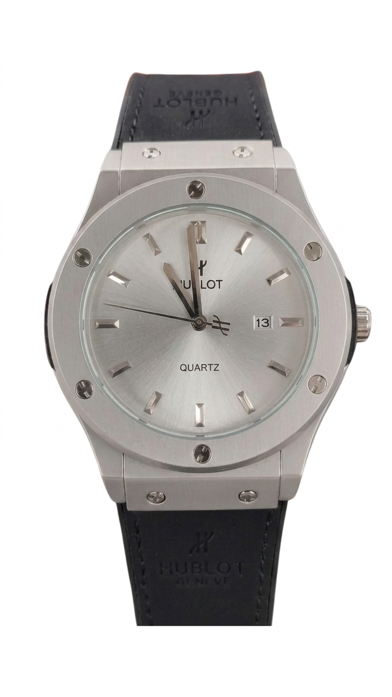 Hublot Style Men’s Watch - Classic Fusion Design with Leather Strap_silver gray
