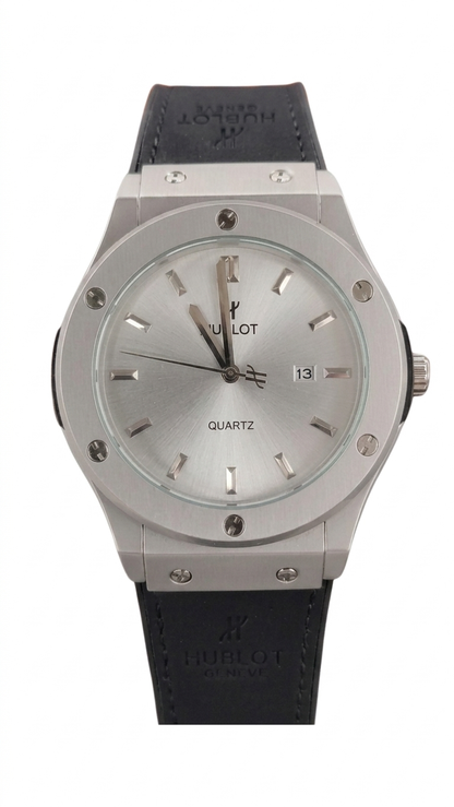Hublot Style Men’s Watch - Classic Fusion Design with Leather Strap_silver gray