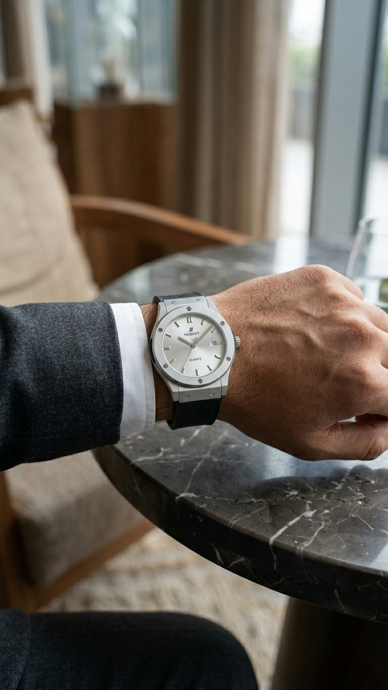 Hublot Style Men’s Watch - Classic Fusion Design with Leather Strap_silver gray
