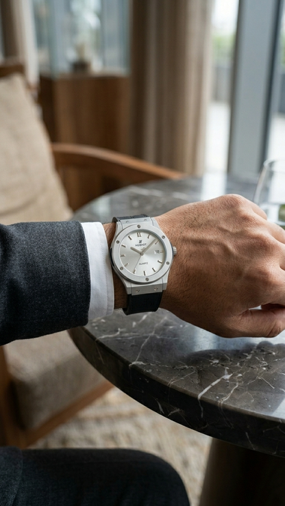 Hublot Style Men’s Watch - Classic Fusion Design with Leather Strap_silver gray