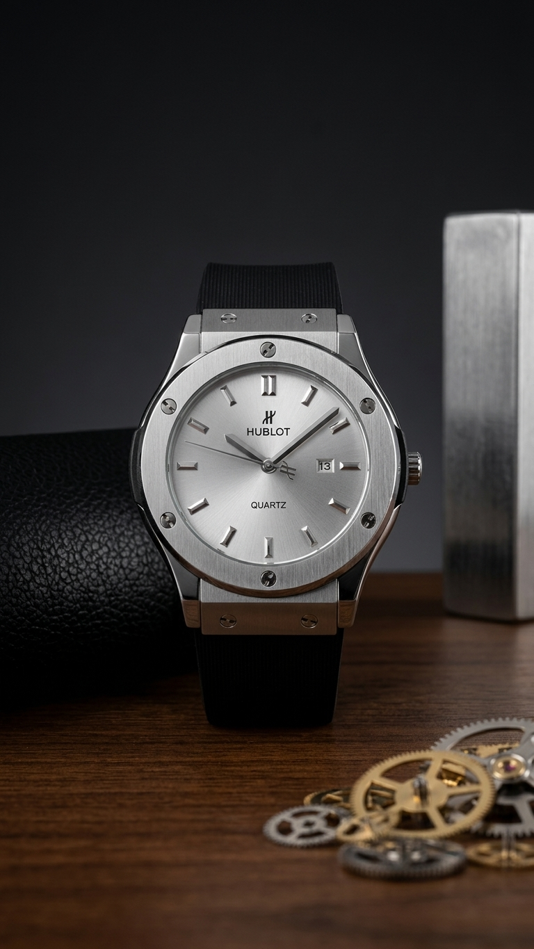 Hublot Style Men’s Watch - Classic Fusion Design with Leather Strap_silver gray